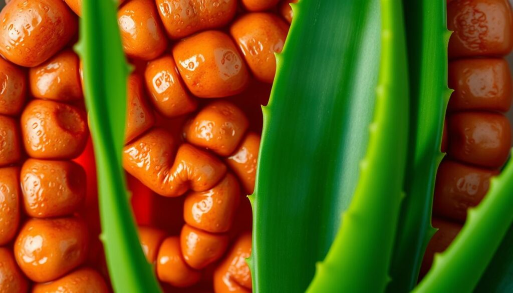 A close-up shot of a lush aloe vera plant, its thick, fleshy leaves gently unfurling against a backdrop of a human intestine. The aloe's vibrant green hues are juxtaposed with the warm, earthy tones of the inflamed gut, creating a visual metaphor for the plant's soothing and restorative properties. Soft, diffused lighting casts shadows that highlight the plant's intricate texture and the inflamed, irritated nature of the intestinal lining. The composition emphasizes the connection between the aloe vera and the gut, inviting the viewer to consider the potential of this medicinal plant to address issues of inflammation and discomfort.