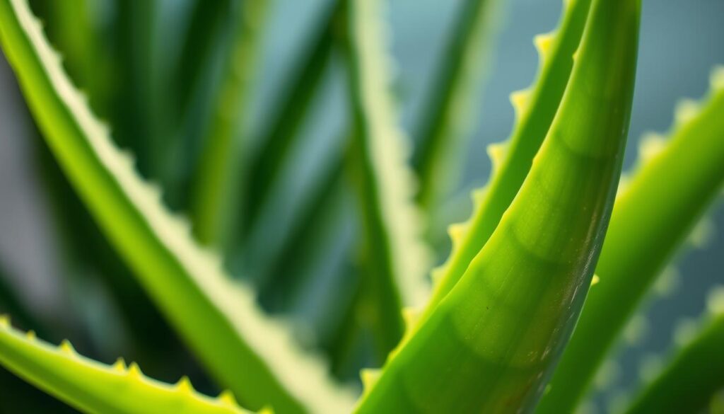 A close-up shot of a vibrant aloe vera leaf, its thick, fleshy texture and serrated edges capturing the plant's natural beauty. The leaf is illuminated from the side, casting soft shadows that accentuate its intricate patterns and the translucent, jade-green hue. In the background, a blurred, calming arrangement of additional aloe leaves and stems creates a serene, botanical setting. The overall composition conveys the soothing, rejuvenating properties of aloe vera, hinting at its potential anti-aging benefits for the skin.