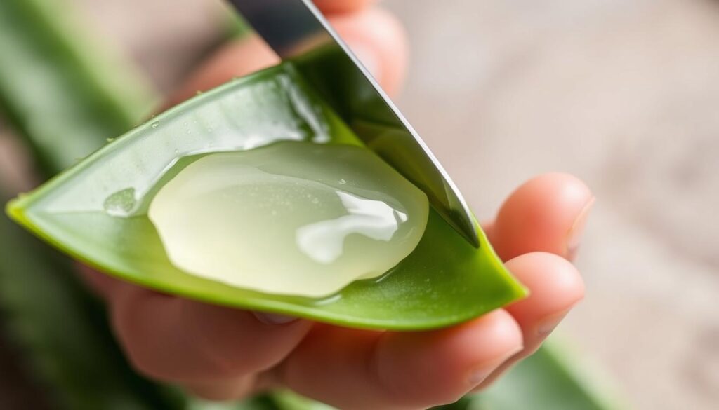 A close-up view of fresh aloe vera leaves being sliced open, revealing the vibrant, translucent gel inside. The leaves are held gently in a hand, showcasing the pure, soothing gel oozing out. The lighting is soft and diffused, highlighting the succulent texture of the aloe. The background is blurred, allowing the gel extraction to be the focal point. The composition is balanced and the angle captures the process in a visually compelling way, suitable for illustrating a tutorial on harvesting and preparing aloe vera gel for skincare uses.