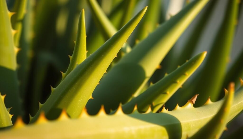 A close-up view of various aloe vera leaves, showcasing their distinctive fleshy, serrated edges. The leaves are illuminated by soft, warm lighting, casting subtle shadows to accentuate their textural details. In the background, a muted, blurred greenery provides a natural, organic setting. The overall composition conveys a sense of caution and awareness, hinting at the potential side effects associated with aloe vera usage.