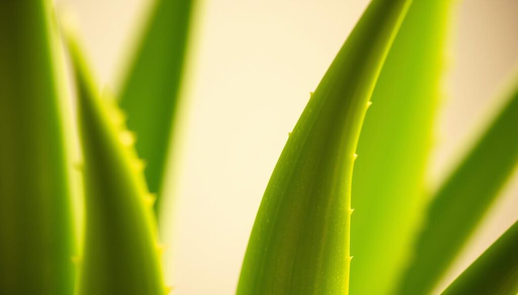 A serene close-up view of a lush, vibrant aloe vera plant against a soft, out-of-focus background. The succulent leaves glisten with a healthy, youthful sheen, their intricate patterns and textures evident in high detail. Warm, natural lighting casts a gentle glow, highlighting the plant's vibrant green hues and casting subtle shadows that accentuate its organic form. The camera angle is slightly angled, creating a sense of depth and emphasizing the plant's voluptuous, curvaceous leaves. The overall composition conveys a sense of tranquility and the plant's inherent ability to nourish and rejuvenate the skin.