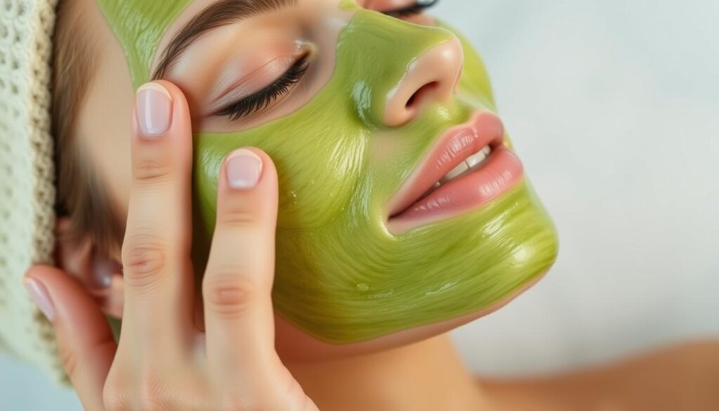 A woman's hand gently applying a DIY aloe vera face mask to her skin. The mask is a vibrant green, made from fresh aloe vera leaves and natural ingredients. The woman's skin is glowing, and her expression is one of relaxation and rejuvenation. The lighting is soft and diffused, creating a soothing, spa-like atmosphere. The camera angle is close-up, highlighting the intricate details of the mask application process. The background is blurred, placing the focus entirely on the woman's hand and face. The overall scene conveys a sense of self-care, natural skincare, and the benefits of using homemade aloe vera masks.