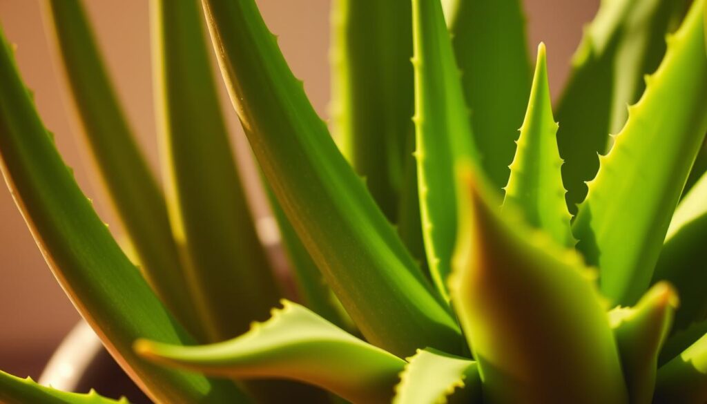 Detailed close-up of a lush, vibrant aloe vera plant with thick, fleshy leaves. The plant is illuminated by soft, natural lighting, creating a warm, soothing atmosphere. The leaves glisten with moisture, hinting at the plant's cooling and healing properties. The image is focused on the plant's foreground, with a blurred, minimal background to emphasize the aloe's central role. The composition showcases the plant's unique texture and coloration, inviting the viewer to imagine the plant's potential for soothing sunburned skin.