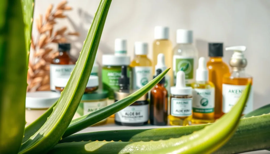 A close-up, highly detailed image of various therapeutic aloe vera applications. In the foreground, several aloe vera leaves in different stages of maturity, their fleshy green blades glistening with a natural sheen. In the midground, an array of aloe-based products - creams, gels, supplements, and tinctures - neatly arranged against a soft, diffused background. Warm, natural lighting casts gentle shadows, highlighting the translucent, succulent quality of the aloe leaves. The overall composition conveys the soothing, restorative properties of aloe vera and its versatile therapeutic uses.