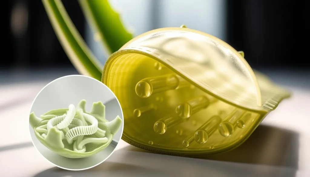 A cross-section of an aloe vera plant showcasing its intricate internal structure, revealing the gel-filled chambers that could serve as natural drug delivery reservoirs. Soft, natural lighting illuminates the translucent, succulent leaves, highlighting the intricate network of vascular bundles and storage compartments. In the foreground, a magnified view of the aloe vera's cellular architecture, hinting at the complex mechanisms that could facilitate controlled release of therapeutic compounds. The background blurs into a clinical, minimalist setting, evoking the potential of this botanical marvel to transform modern drug development.