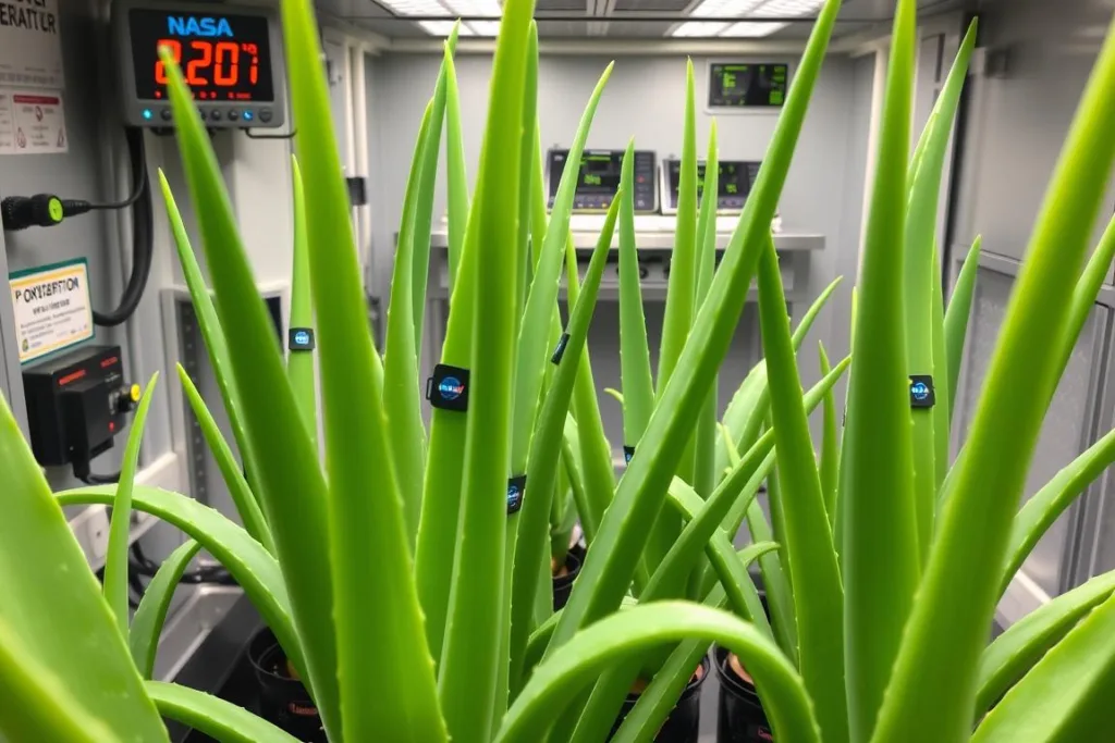 Aloe Vera plants in a controlled environment chamber demonstrating oxygen production and CO2 absorption