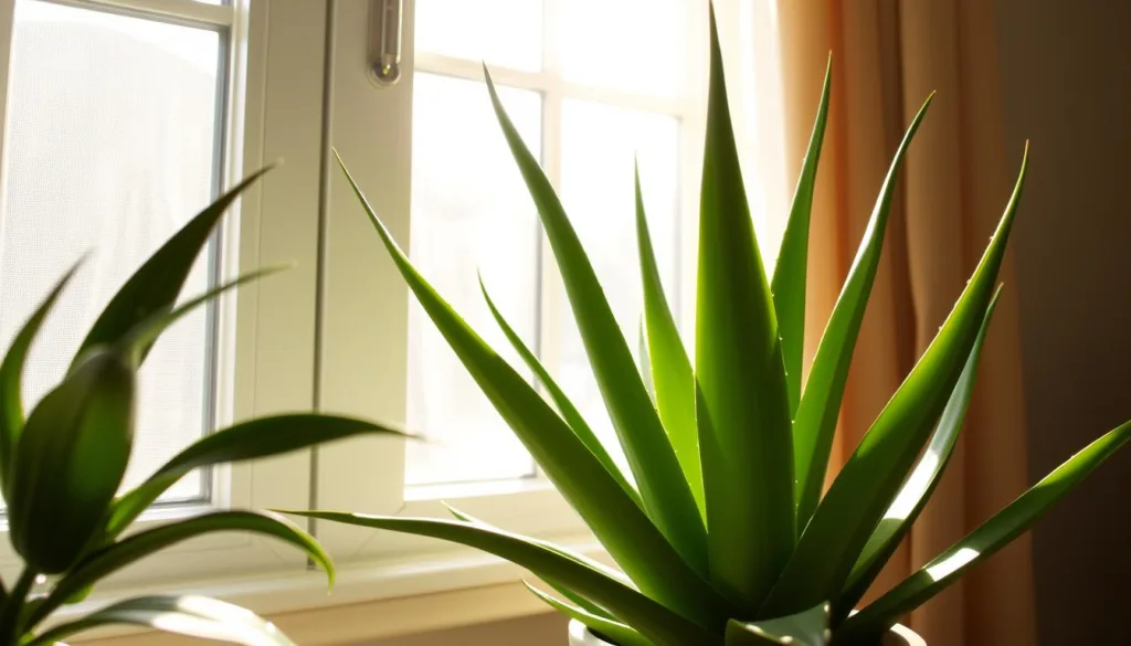 Aloe vera plant in ideal bright indirect light setting Aloe vera plant in ideal bright indirect light setting