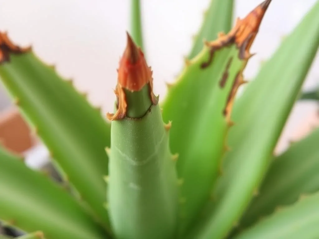 Aloe vera with fertilizer burn showing brown leaf tips Aloe vera with fertilizer burn showing brown leaf tips