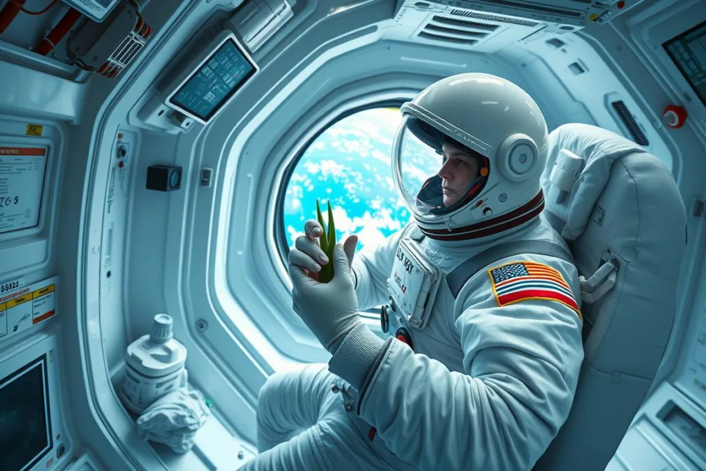 Astronaut applying Aloe Vera gel to skin in the space station environment
