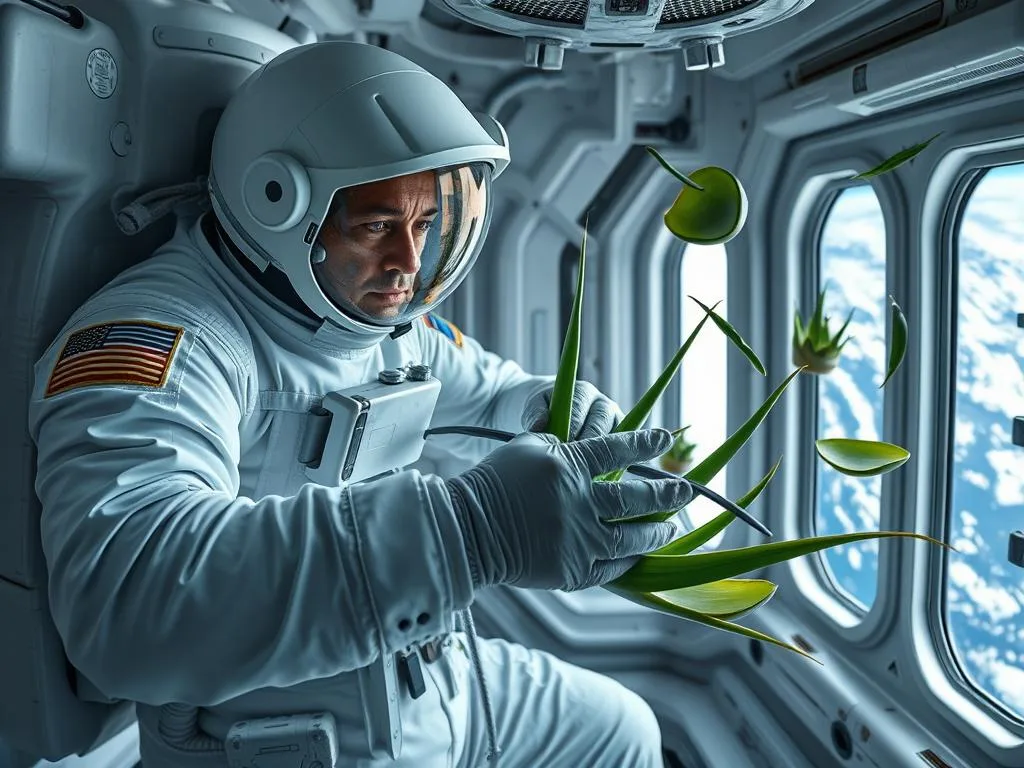 Astronaut demonstrating specialized techniques for harvesting Aloe Vera in microgravity