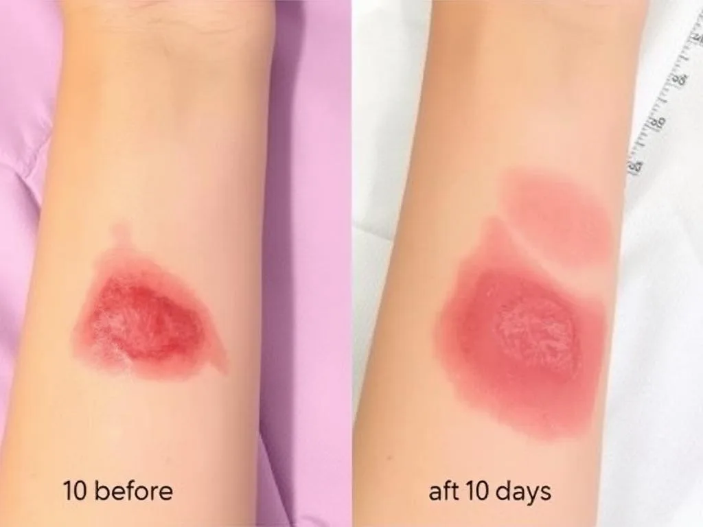 Before and after images showing the healing progression of a burn treated with an aloe vera smart patch for skin healing
