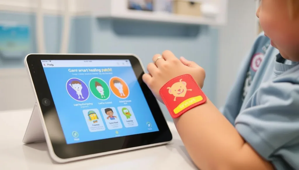 Child-friendly version of the aloe vera smart patch with colorful design and simplified companion app interface