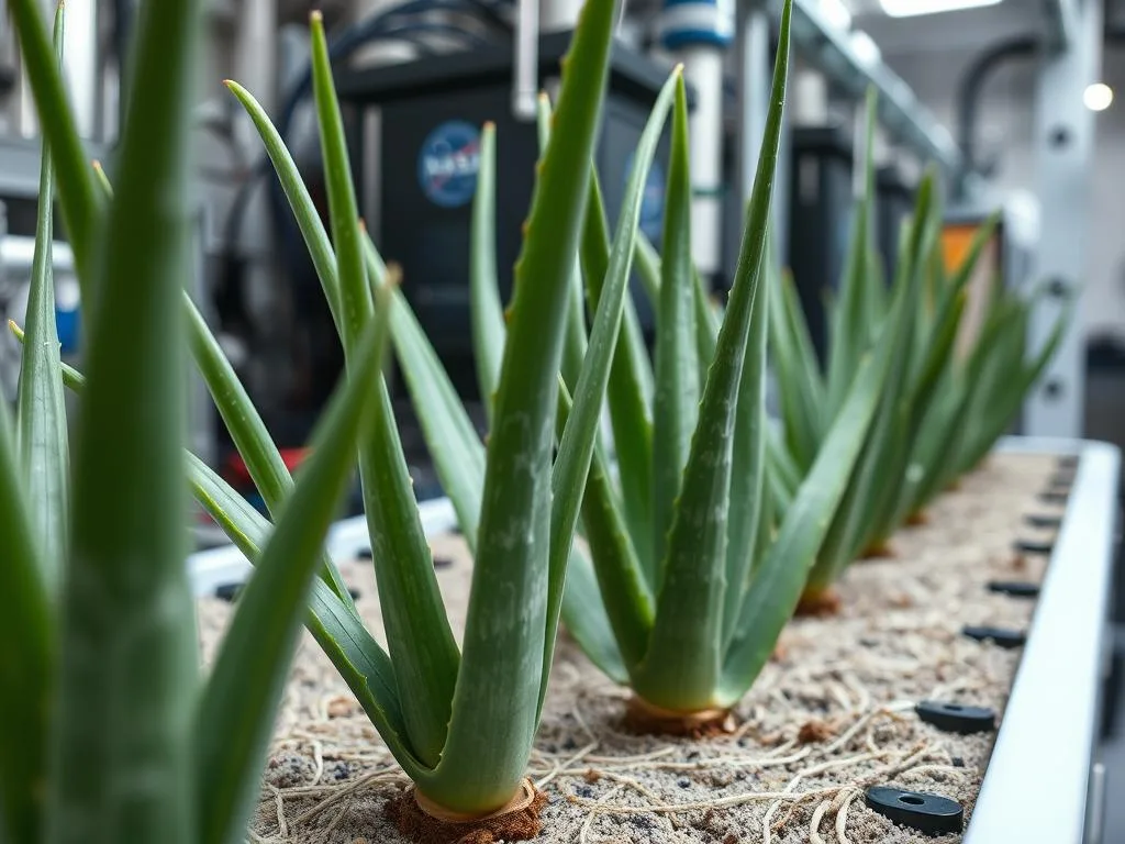 Close-up of Aloe Vera growing in a specialized hydroponic system designed for microgravity environments