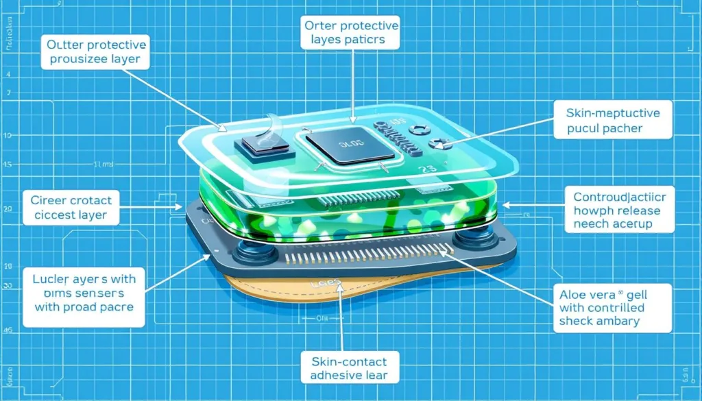 Close-up of the layered structure of an aloe vera smart patch for skin healing, showing the sensor array, microprocessor, and aloe vera gel reservoir