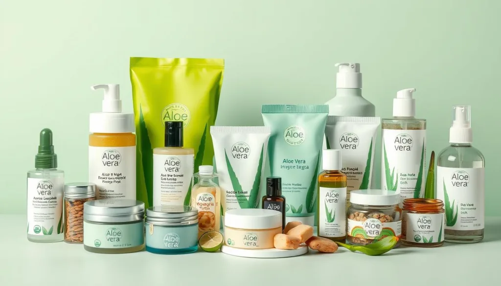 Collection of products from different brands using Aloe Vera biodegradable packaging