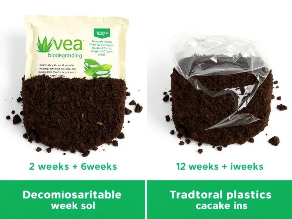 Comparison of Aloe Vera biodegradable packaging decomposing versus traditional plastic remaining intact