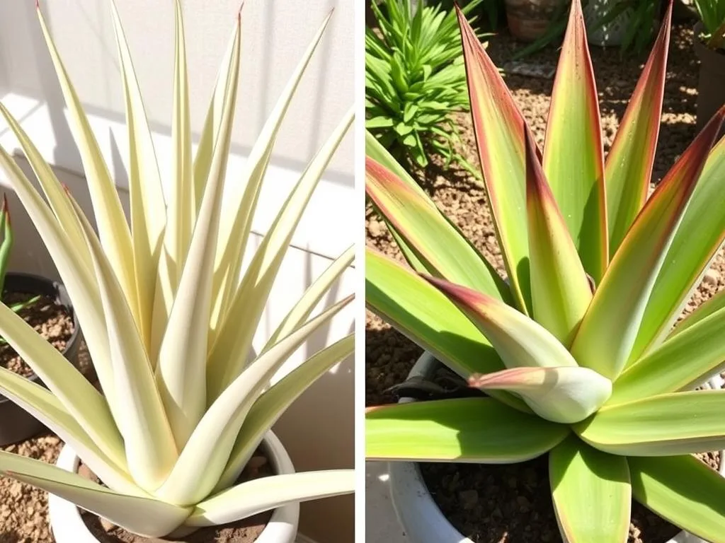 Comparison of etiolated aloe vera (too little light) and sunburned aloe (too much direct light) Comparison of etiolated aloe vera (too little light) and sunburned aloe (too much direct light)