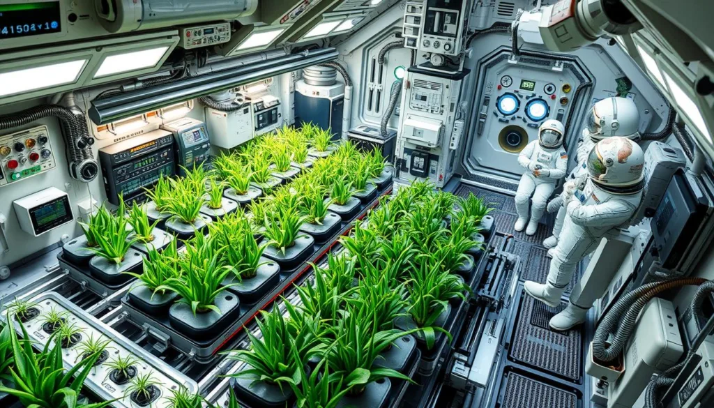 Comprehensive view of an integrated space agriculture system featuring Aloe Vera alongside other crops