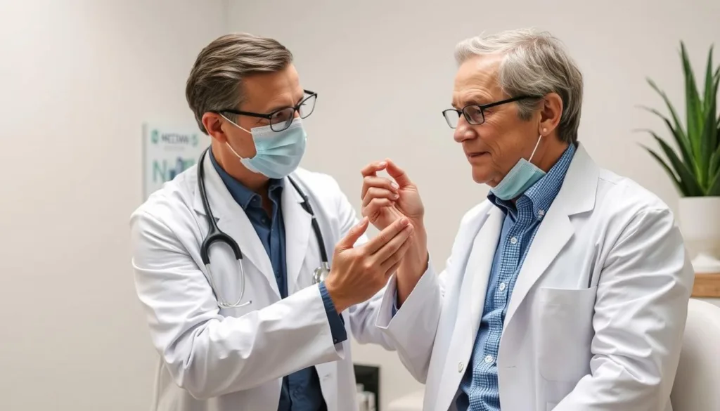Dermatologist examining skin condition and applying aloe vera gel