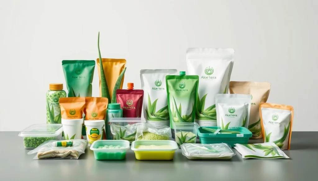 Diverse collection of Aloe Vera biodegradable packaging products representing the future of sustainable packaging