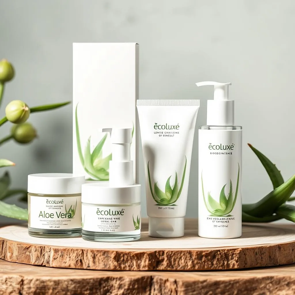 EcoLuxe Skincare products in Aloe Vera biodegradable packaging