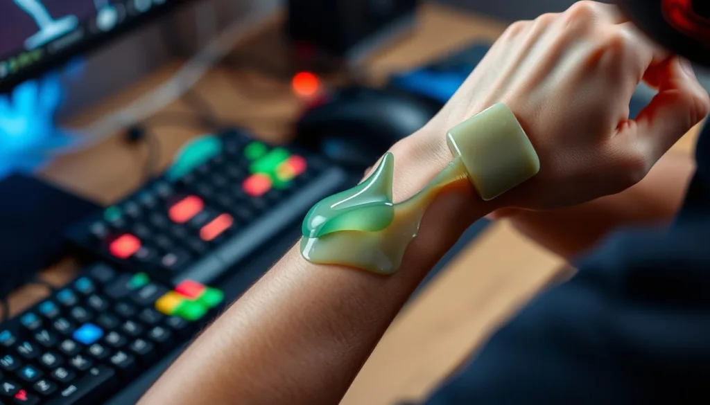 Esports player applying aloe vera cooling gel to wrists