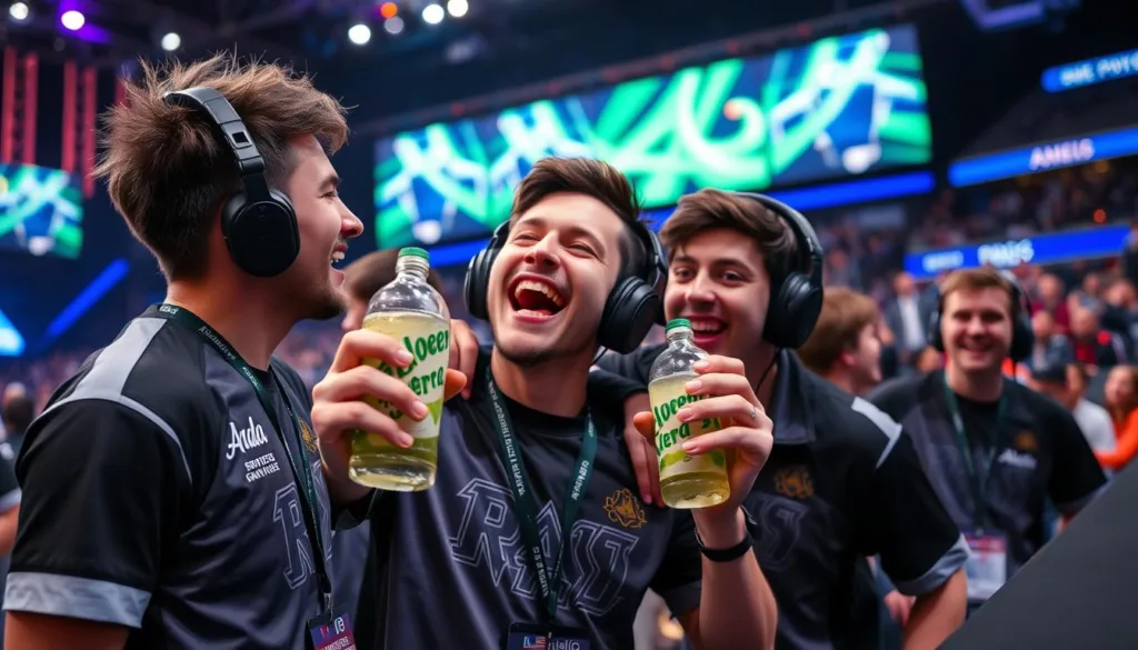 Esports player celebrating victory with aloe vera drink in hand