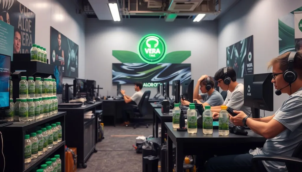 Esports team's preparation area with various aloe vera products