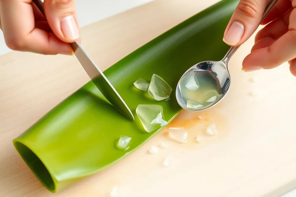 Fresh aloe vera leaf being cut to extract gel for skin application