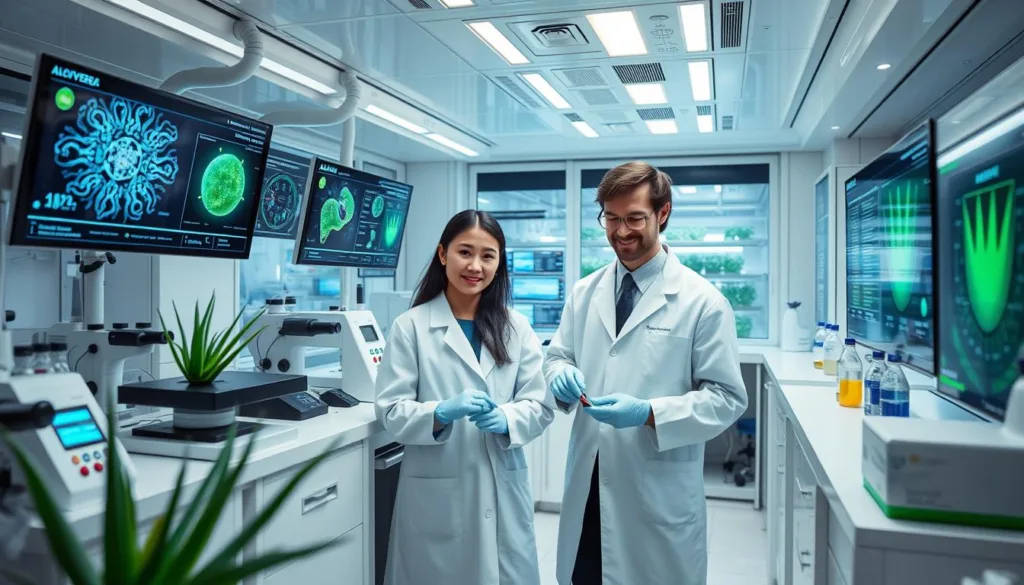 Futuristic laboratory researching advanced Aloe Vera prebiotic gut health applications