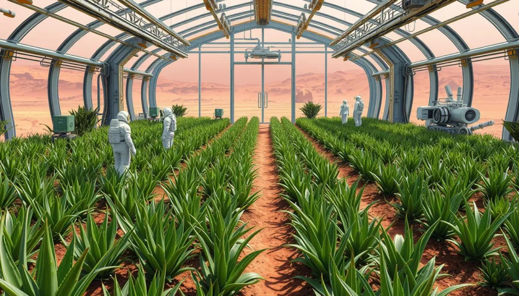 Futuristic vision of Aloe Vera cultivation in an established Mars colony greenhouse