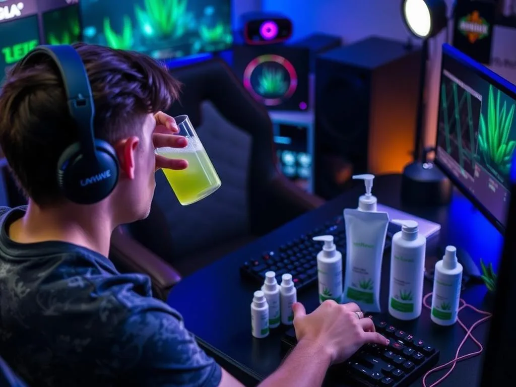 Gamer preparing with aloe vera products before session