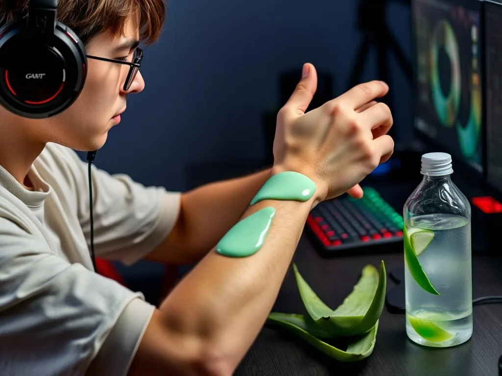Gamer taking a break to reapply aloe vera gel during session