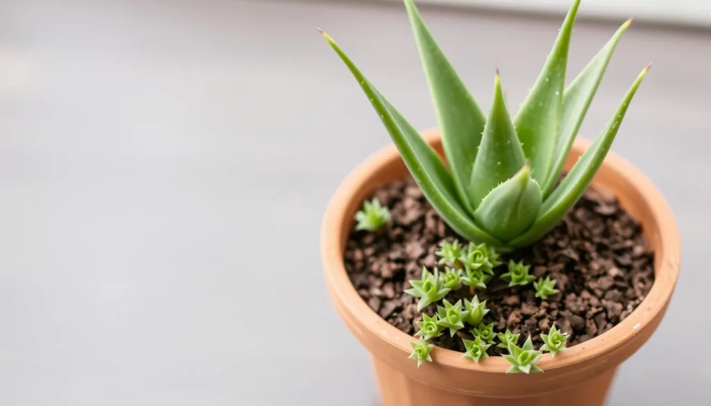 Healthy aloe vera plant with multiple pups growing around the base