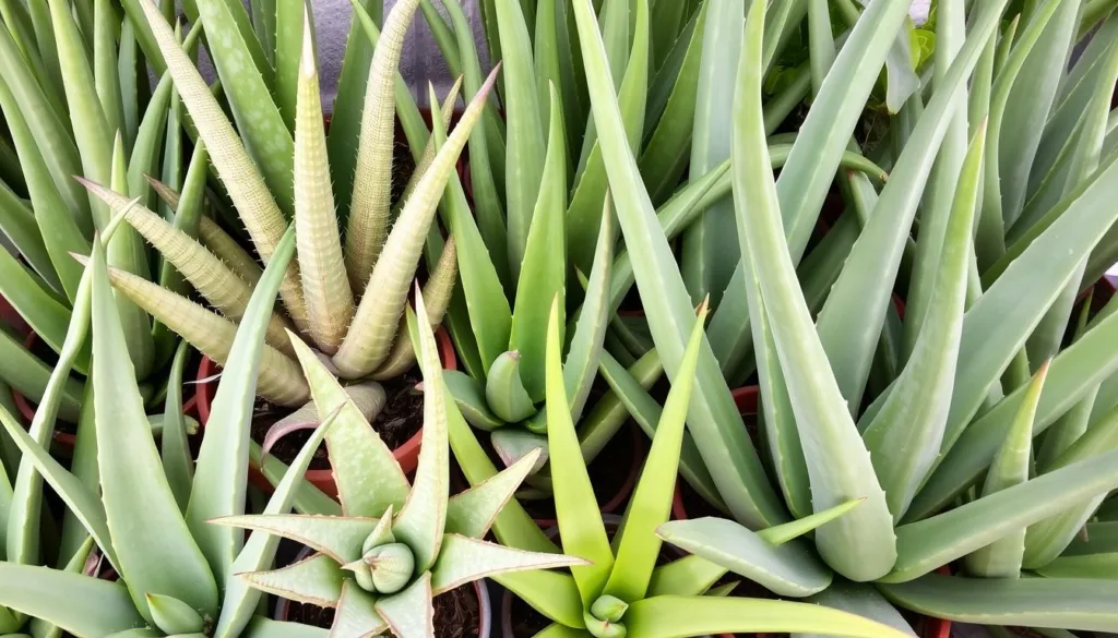 Multiple healthy aloe vera plants of different varieties showing successful care