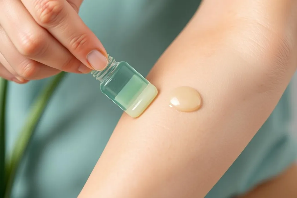Person applying aloe vera gel to psoriasis plaques on elbow