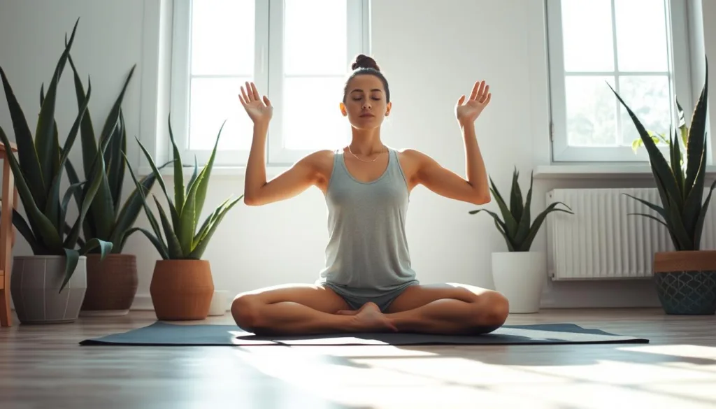 Person practicing mindfulness with Aloe vera plant nearby for stress relief Person practicing mindfulness with Aloe vera plant nearby for stress relief