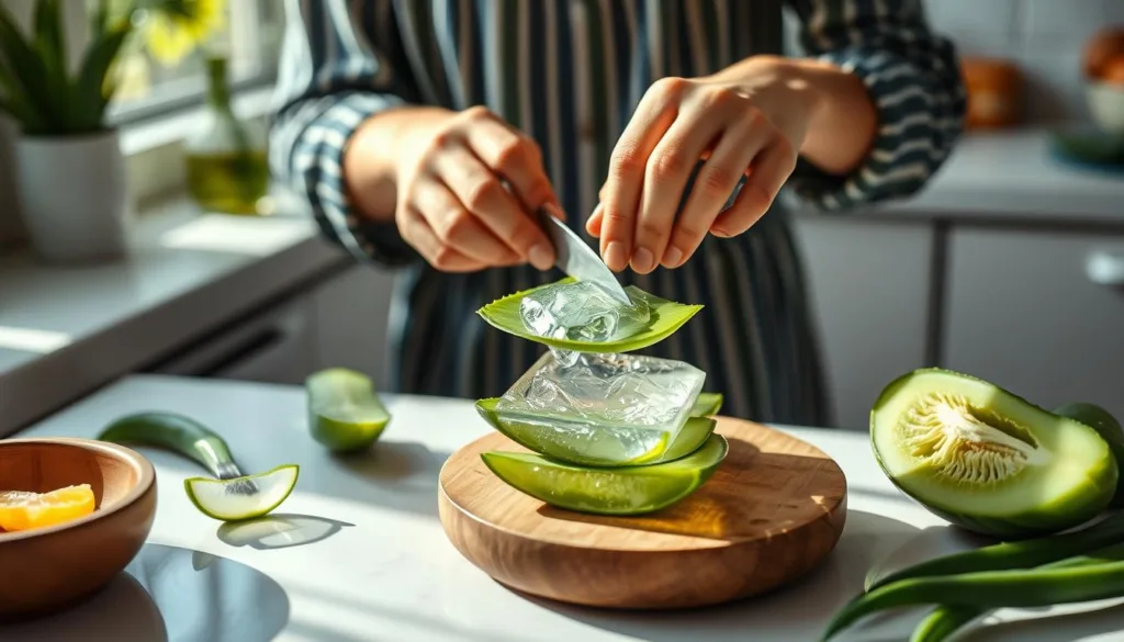 Person preparing fresh Aloe Vera gel for prebiotic gut health benefits