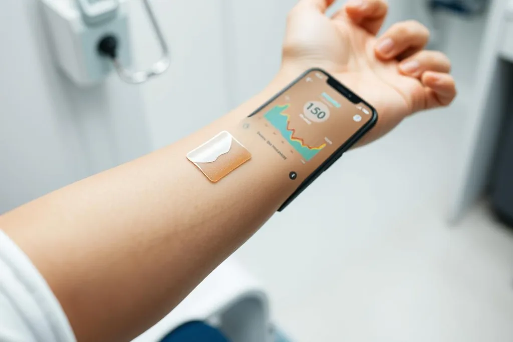 Person wearing an aloe vera smart patch on their arm, with a smartphone displaying the companion app that monitors healing progress