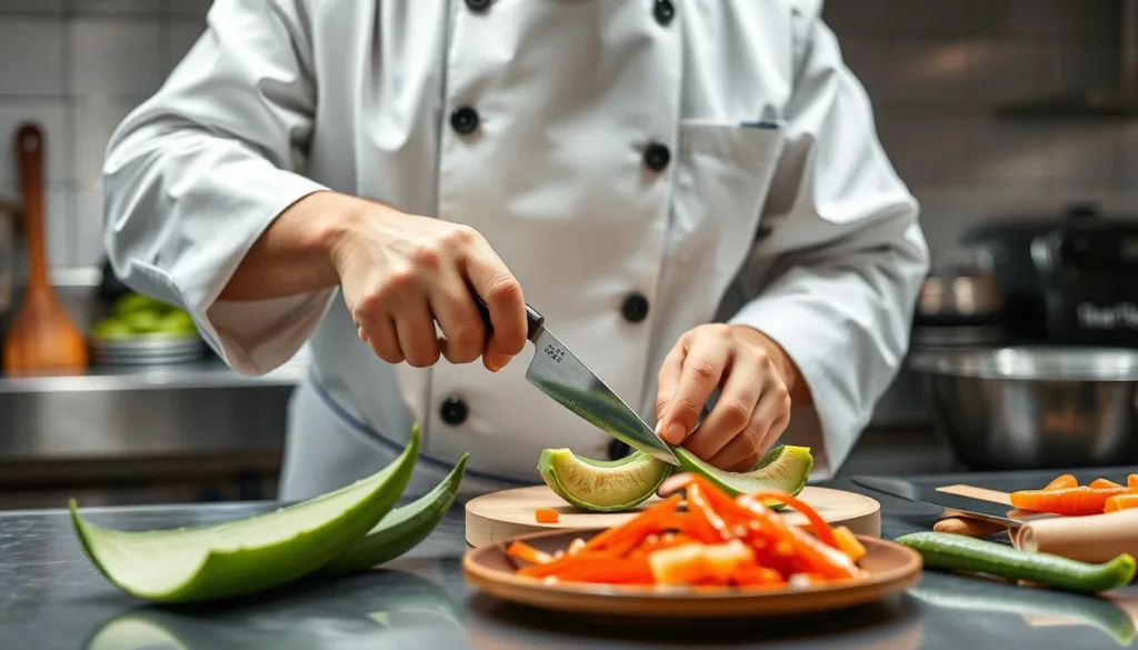 Professional chef demonstrating Aloe Vera Fusion Cuisine techniques in a kitchen