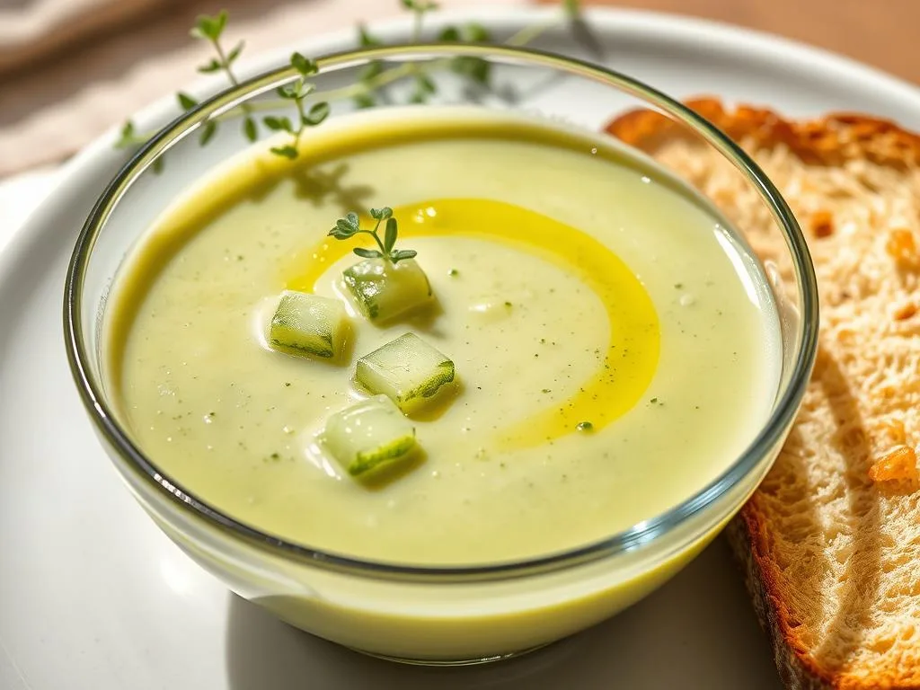 Refreshing green Cucumber Aloe Gazpacho in a glass bowl for Aloe Vera Fusion Cuisine
