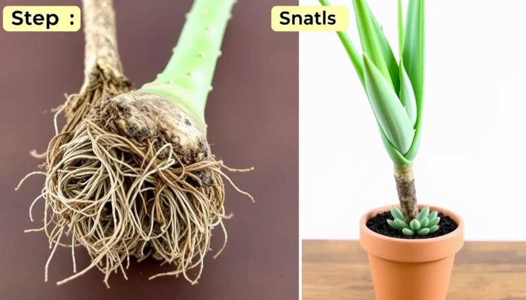 Root-bound aloe vera plant being repotted - an important maintenance task
