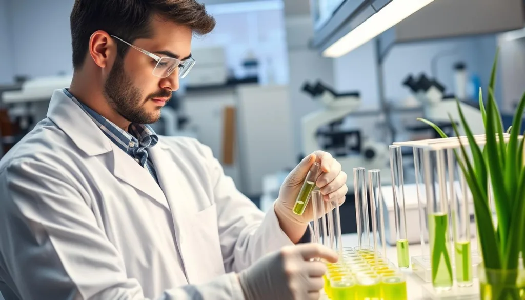 Scientific researcher analyzing Aloe Vera prebiotic gut health effects in laboratory