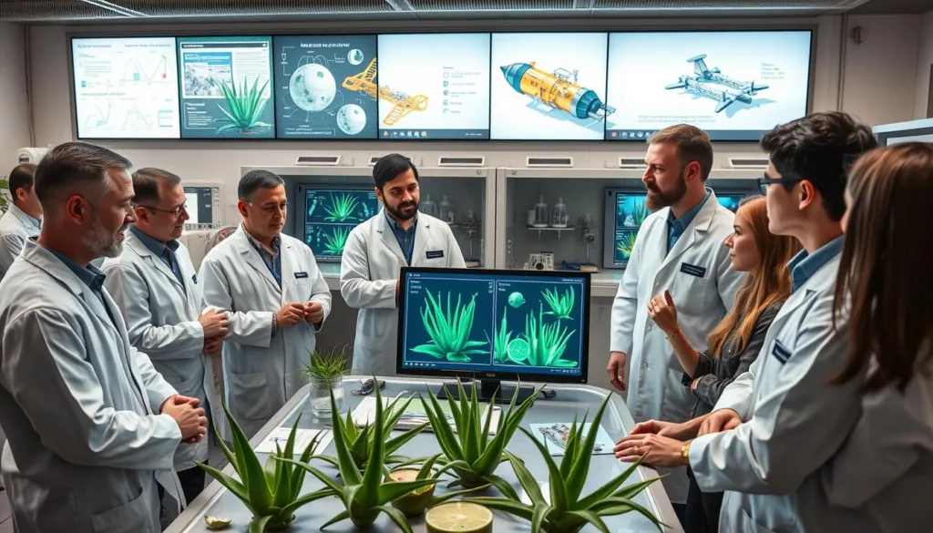 Scientists discussing future research directions for Aloe Vera in space agriculture