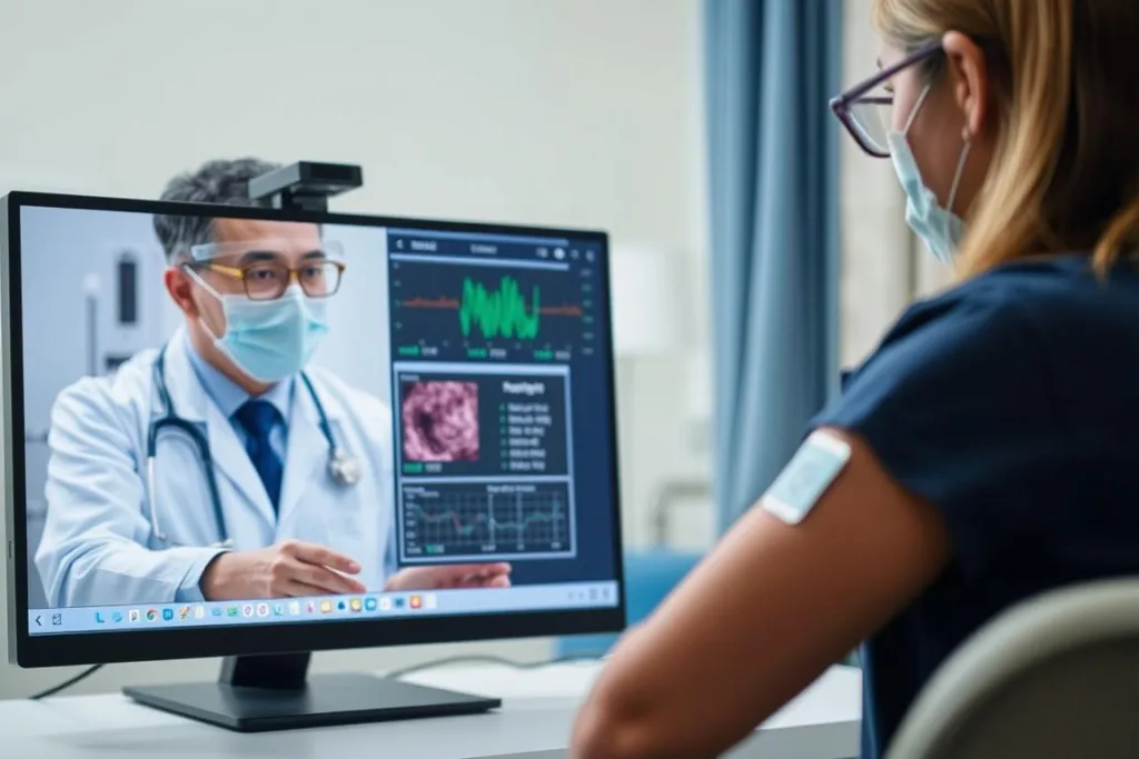 Telemedicine session showing a healthcare provider reviewing smart patch data remotely with a patient
