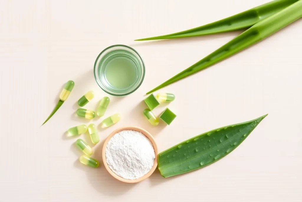 Various Aloe Vera prebiotic gut health products including juice, capsules and fresh plant