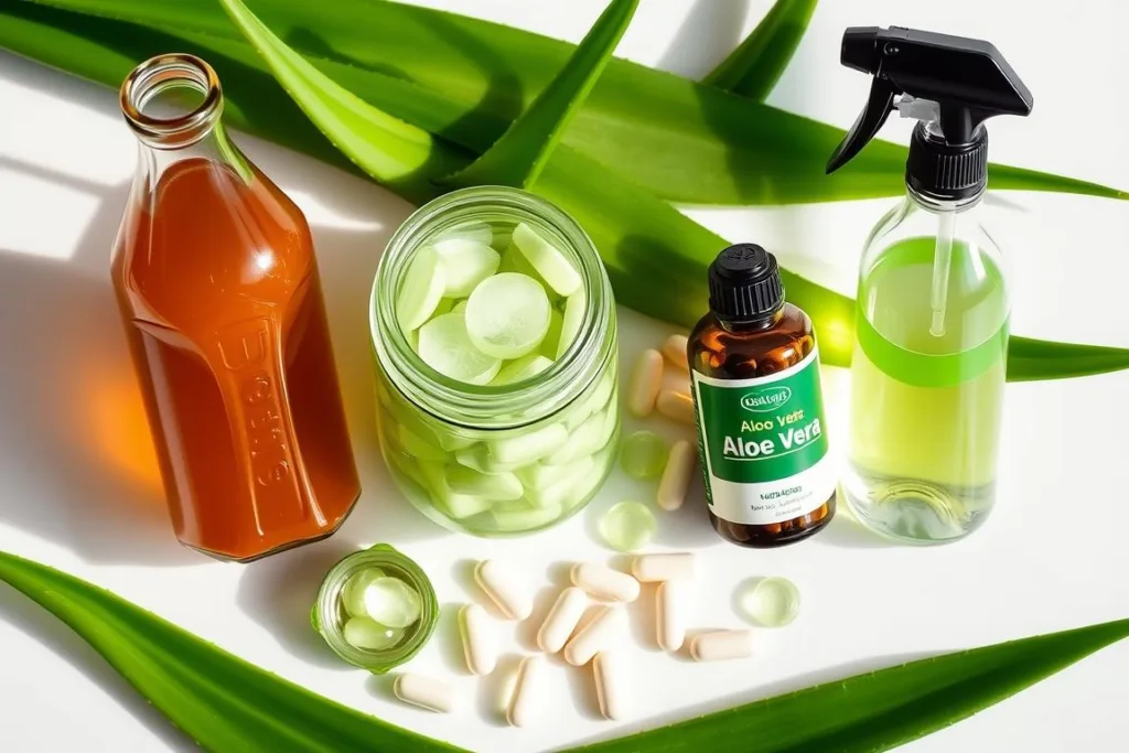 Various Aloe vera products for mental health including juice, supplements, and topical applications