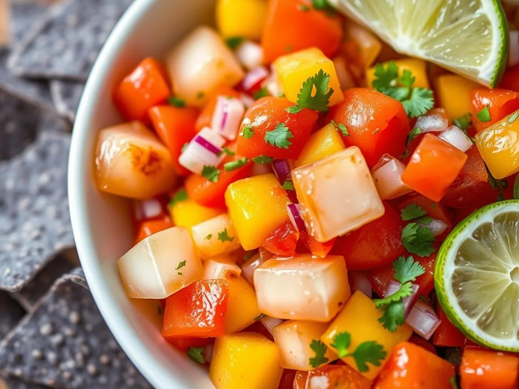 Vibrant Tropical Aloe Vera Salsa in a white bowl with tortilla chips for Aloe Vera Fusion Cuisine