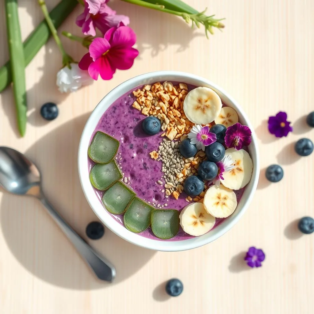 Vibrant purple Aloe-Powered Berry Smoothie Bowl topped with granola and edible flowers for Aloe Vera Fusion Cuisine