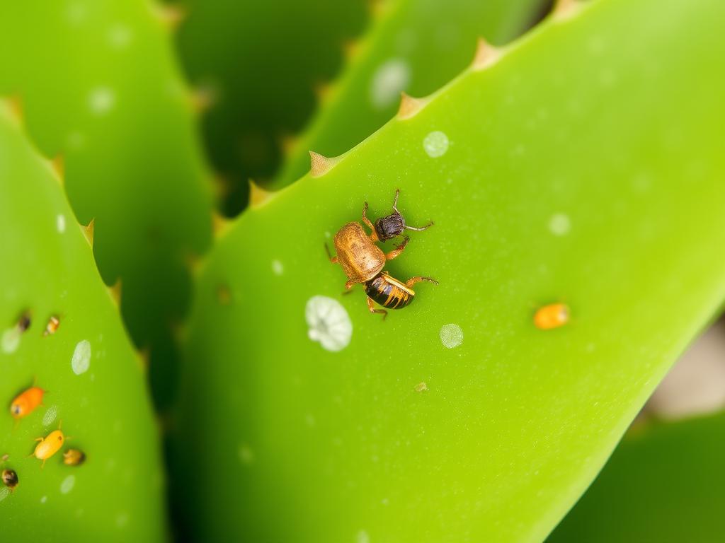Aloe vera plant with visible pest infestation showing mealybugs and damage
